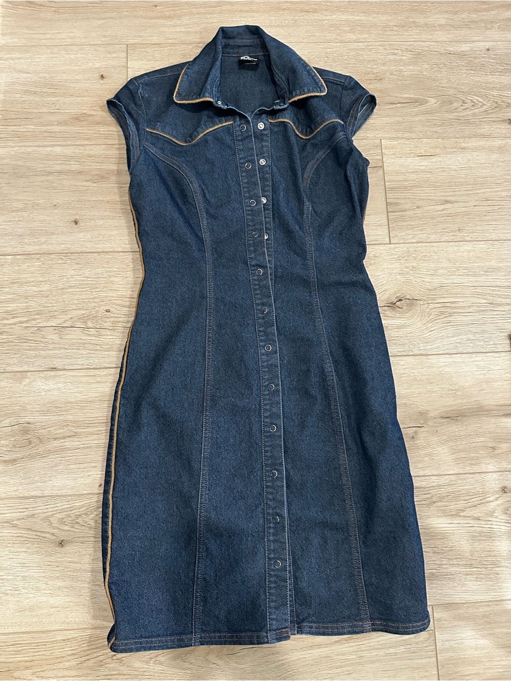 FUBU Dark Denim Midi Dress with Tan Trim